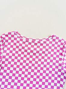 Acelitt Summer Colorblock Checkerboard Print Ribbed Fitted Round Neck Short Sleeve Fuchsia T-Shirt, Suitable For Outings Casual - Hot Pink - View 6