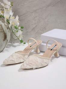 2026 Summer French White Mesh Embroidered Bridal Shoes, Lace Kitten Heels High Heels Sandals For Bride - Beige - View 7