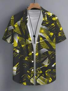 Abstract Geometric Yellow And Black Pattern Symbolizes Bold Confidence And Dynamic Energy 3D Printed Short Sleeve Casual Button Up Shirt For Men Summer Street Fashion Top - 白色 - 查看 4