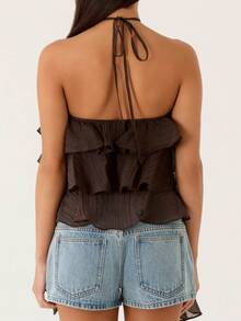 Women Ruffle Halter Tie Neck Crop Top Chiffon Frill Trim Spaghetti Sleeveless Backless Ruffle Layered Hem Cami Top Summer Going Out Tops - Brown - View 6