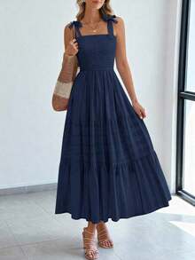 Women's Boho A-Line Maxi Dress, Summer Sleeveless Tie Shoulder Smocked High Waist Long Sundress With Pockets, Casual Dress For Beach Vacation & Holiday Outings - 藏蓝色 - 查看 2