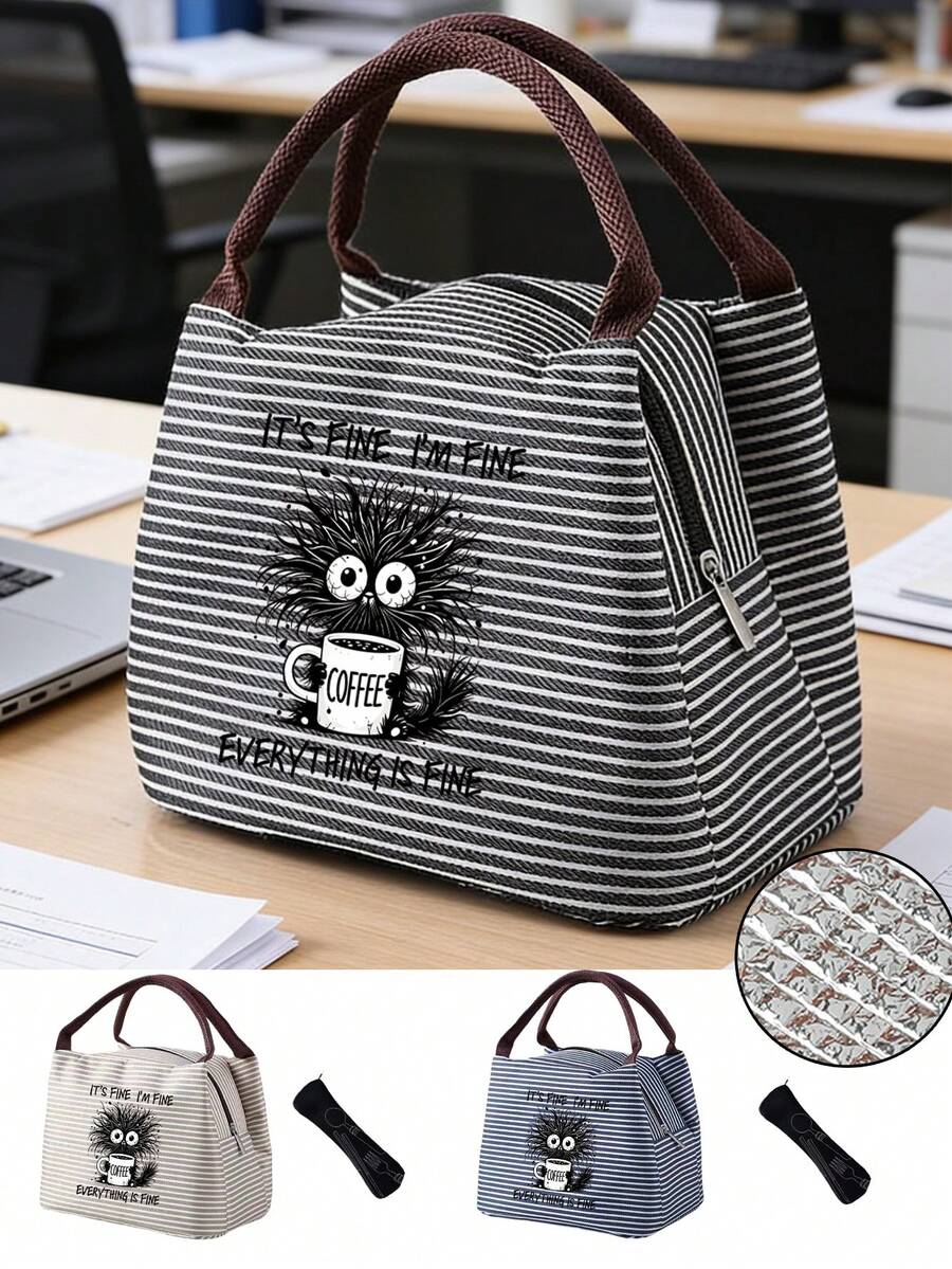 印有“一切都好”咖啡杯图案的保温午餐包，趣味咖啡爱好者礼物，含黑色餐具袋，大容量，学生保温午餐盒，便携式旅行野餐包，办公学校午餐包，男女通用多功能露营学校午餐盒，野餐包，保冷袋，学校假期必备夏季用品 - 彩色 - 查看 1