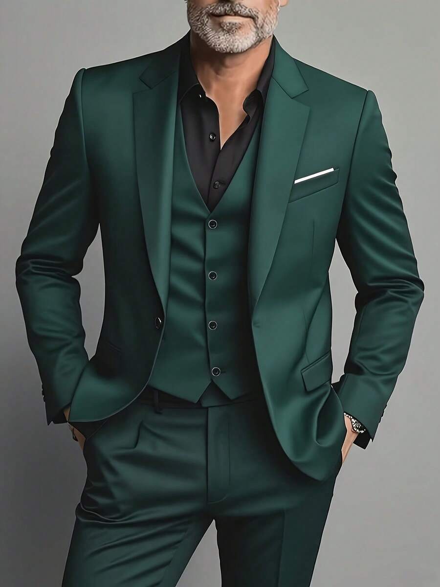 Men's 3-Piece Suit – Suitable For Both Formal And Business-Casual Occasions. Features A Slim-Fit Cut, Non-Stretch Fabric, Long Sleeves, Lapels, And A Solid-Color Design. Ideal For Weddings, Work Uniforms, And Holiday Gifts. - Màu xanh lá cây đậm - Xem 1