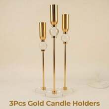 3pcs Elegant Metal & Glass Tall Candle Holders, Modern High Candle Stand, Suitable For Wedding, Party, Birthday, Holiday And Home Decor (Candles Not Included) - Long Crystal Glass Metal Candlestick - View 3