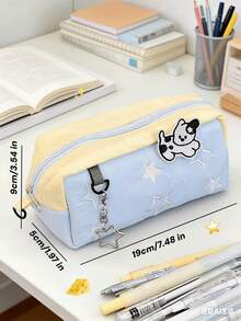(Free Star Pendant) 1pc Cute Star Embroidery Pencil Case With Dog Patch - Aesthetic Large Capacity Pen Pouch With Star Keychain, Kawaii School Supplies For Teen Girls, Back To School Gift - 1 Blue Pencil Case - Comes With a Star Keychain - View 2