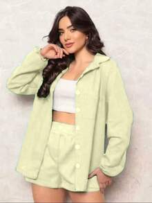 Combination Set Consisting Of A Long-Sleeved Top And Shorts. - Light Yellow - View 1