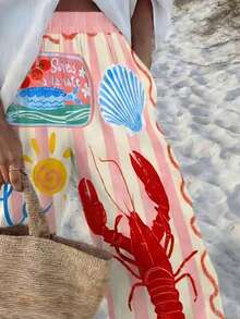 Plus Size Women Contrast Stripe Lobster & Shell Print Casual Palazzo Pants, Suitable For Holiday & Daily Wear Spring - Multicolor - View 3