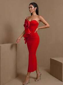 Elegant Red Strapless Long Pleated Floral Party Dress - Red - View 3