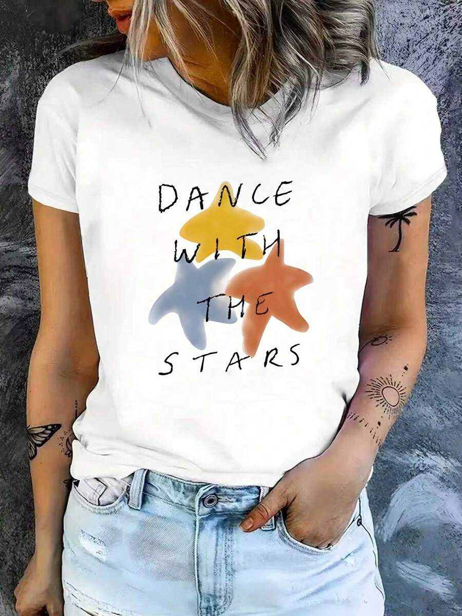 Women's Printed Casual Slim-Fit Cotton Short-Sleeved T-Shirt. The Shirt Features A Beautiful Print Of Dancing And Star Patterns. It Is Soft, Comfortable, And Suitable For Everyday Wear. A Versatile Top That Goes With Everything. - White - View 1