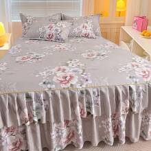 3pcs Minimalist Modern Floral Pattern Double Ruffle Bed Skirt Set, Bedroom Bedding (1 Bed Skirt, 2 Pillowcases, No Inner Core) - Dusty Purple - View 7