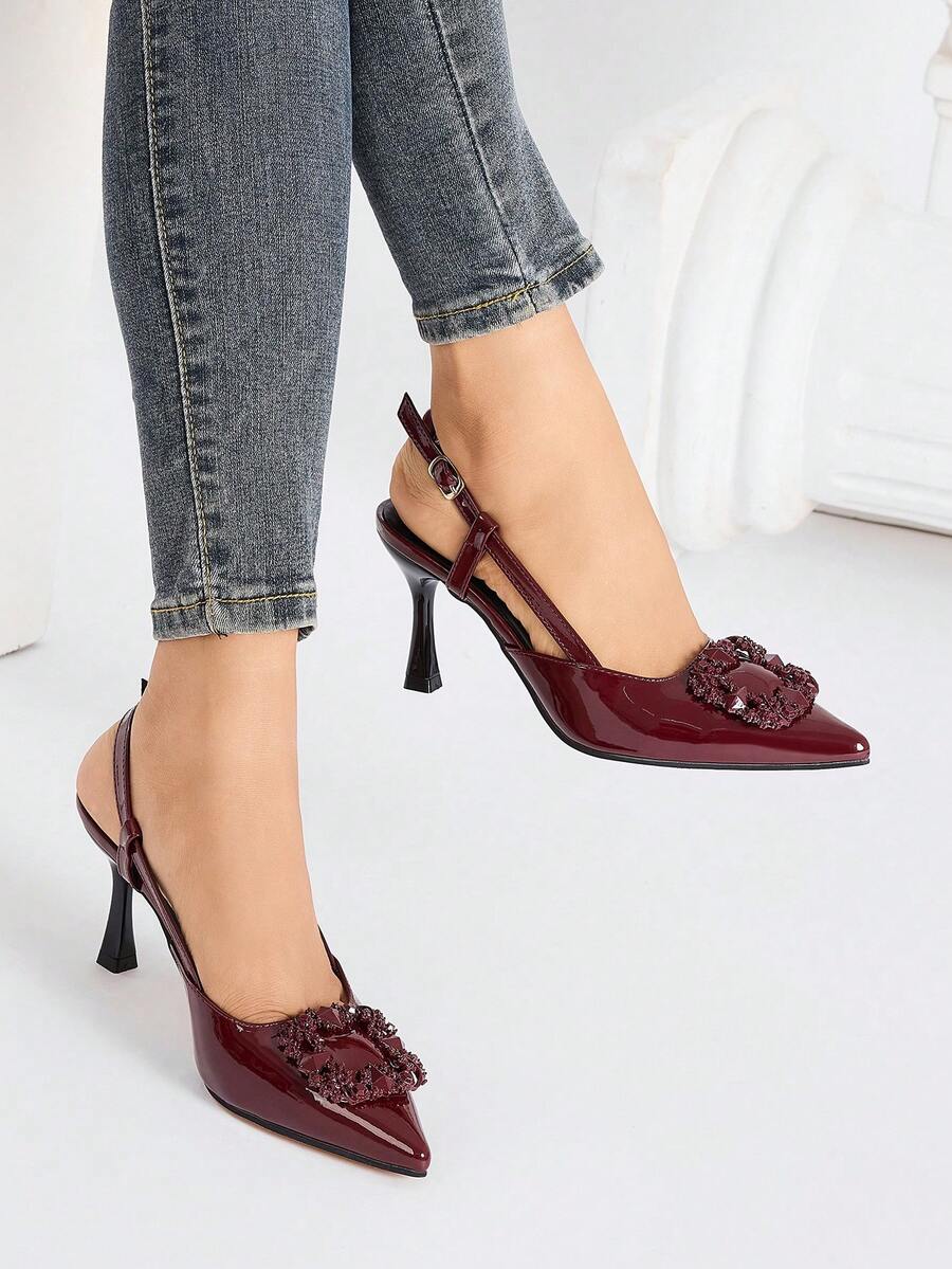 Tacones de aguja con hebilla para mujer, estilo versátil europeo y americano para fiestas, uso diario, trabajo, primavera/verano - Burdeos - Ver 1