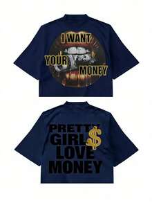 Fly "I Want Your Money" Hip-Hop Flow T-Shirt Pure Cotton Double-Sided Printed T-Shirt, Suitable For Men And Women,Top Pick Gift For Summer Casual Tees - 藏蓝色 - 查看 13