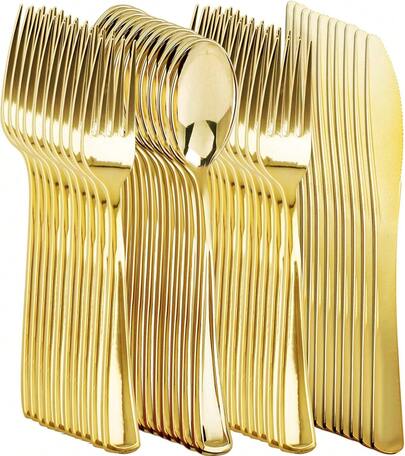 30pcs Gold Knife, Spoon And Fork Set, Gold Spoon And Fork Set, Gold Fork, Gold Spoon, Gold Knife, Suitable For Parties And Birthdays Back To School