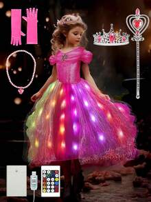 Vestido de princesa rosa con luz, adecuado para disfraces de Halloween y Navidad para niñas, apto para bebés, niños y adolescentes - Rosa - Ver 3