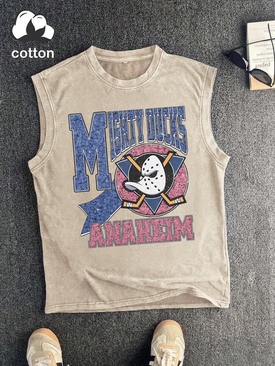 Men's Printed Vintage Washed Vest, Loose Fit, Casual Street Style, A Must-Have For The Gym. - Apricot - View 1