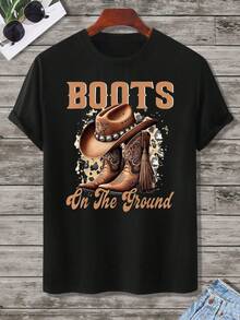Boots On The Ground Cowboy Hat And Boot Design T-Shirt Western Style Graphic Tee For Men Country Music Fans Outdoors Adventure Wear - 黑色 - 查看 2