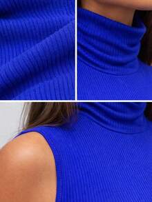 Women's Sleeveless Blouse, Ribbed Turtleneck, Blue, In Knit Fabric, Regular Length, Highly Stretchy And Textured, Ideal For Summer And Everyday Wear. - Biru - View 2