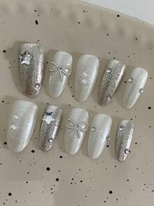 10pcs Set Almond-Shaped Handmade Elegant Nail Art Decals, Handpainted Sparkling White Bowknot Bead Chain Pearl Rhinestone 5-Pointed Star Nail Stickers, Luxury Sweet Style - Multicolor - View 10