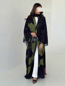 Hafizah 2pcs Modest Vintage Floral Pattern Loose Cardigan Robe With Headscarf Black Vacation Fall - Black - View 5