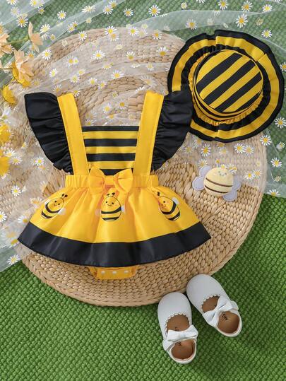 2pcs Newborn Casual Cute Woven Contrast Ruffle Trim Bee Print Bodysuit Dress & Hat Set, Summer Daily Outfit