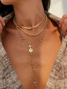 4件套多层串珠项链，波西米亚风格串珠，十字架和圣母玛利亚吊坠，适合夏季、度假、祈祷、洗礼等场合佩戴 - 款式8 - 查看 2