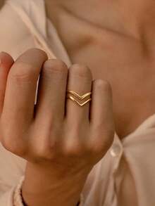 1 pieza Anillo ajustable en forma de V de doble capa, simple, único y elegante de lujo. Este anillo de mujer está hecho de acero inoxidable 304, adecuado para uso diario, vacaciones, fiestas y otras ocasiones - Multicolor - Ver 12