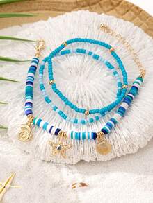 3 Peças Conjunto de Pulseiras Boêmias de Férias com Contas, Polímero de Argila, Estrela do Mar e Conchas, Acessórios de Estilo Praia - Azul - Visão 3