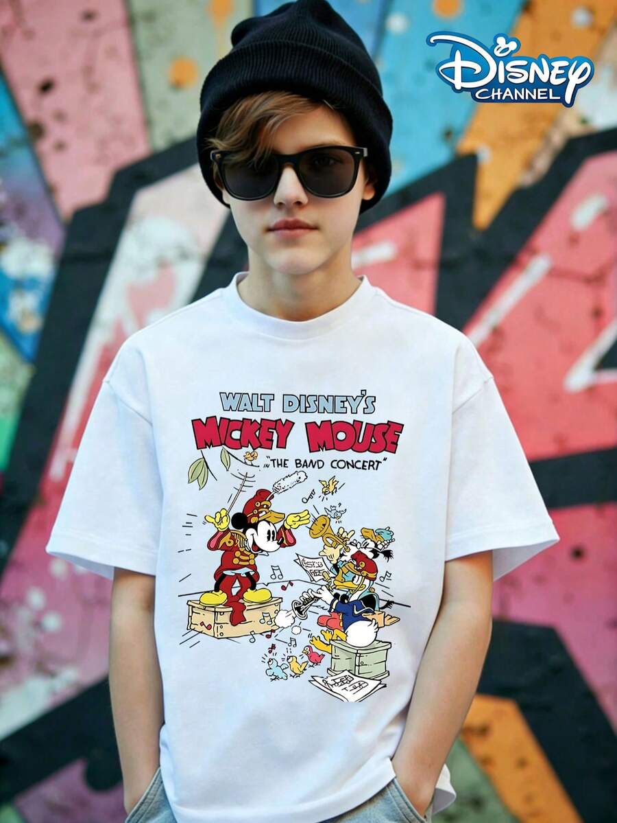Walt Disney Mickey Mouse Retro Band Concert T-Shirt, Classic Animated Scene Print Pattern Summer Tops,Short-Sleeved Casual And Cute Style Children's Clothing Design, Boy Clothes For Kids ,Ropa Para Niños,Boy Clothes For Kids,Graphic Tee, Summer Clothes,Perfect For Cool Boy. Comfortable And Breathable Children's Short-Sleeved T-Shirt. Comfortable And Casual Wear All Year Round 180g Pure Cotton Children's Clothes,Comfortable & Lightweight, Iconic Print For Mix-And-Match Outfits,Suitable For Both Boys And Girls. - White - View 1