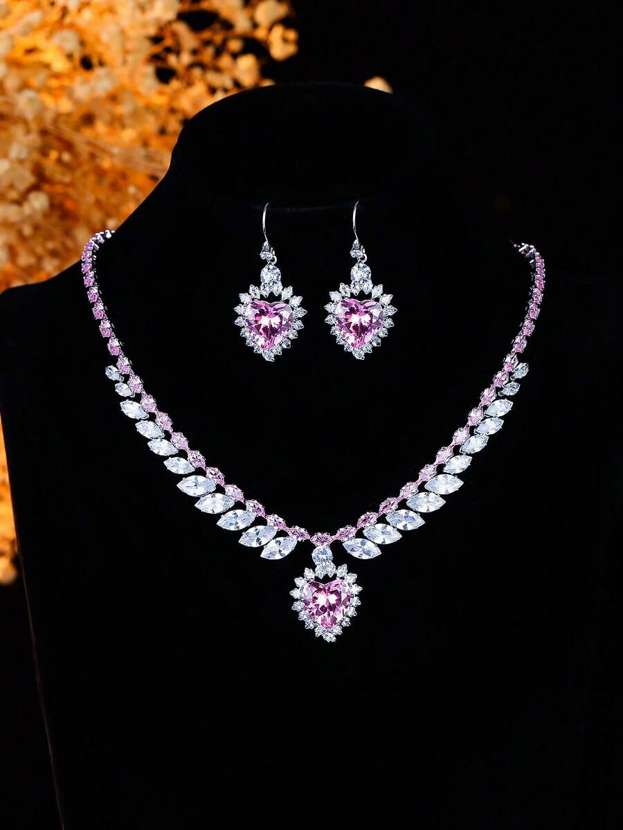 2pcs/Set Gentle & Cute Zirconia Pink Heart-Shaped Necklace & Earrings Set For Women, Suitable For Party Wear - Multicolor - View 1