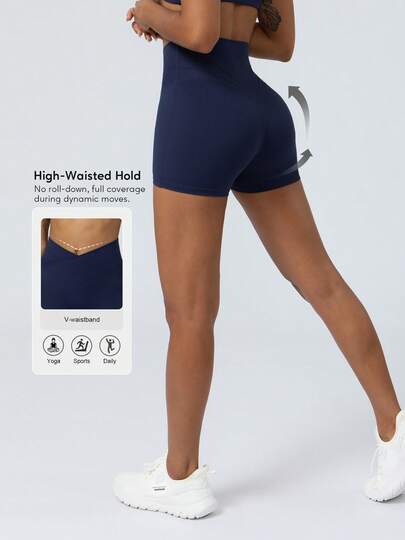 Sodalemon 女士健身纯色夏季瑜伽训练短裤提臀交叉腰带运动跑步短裤