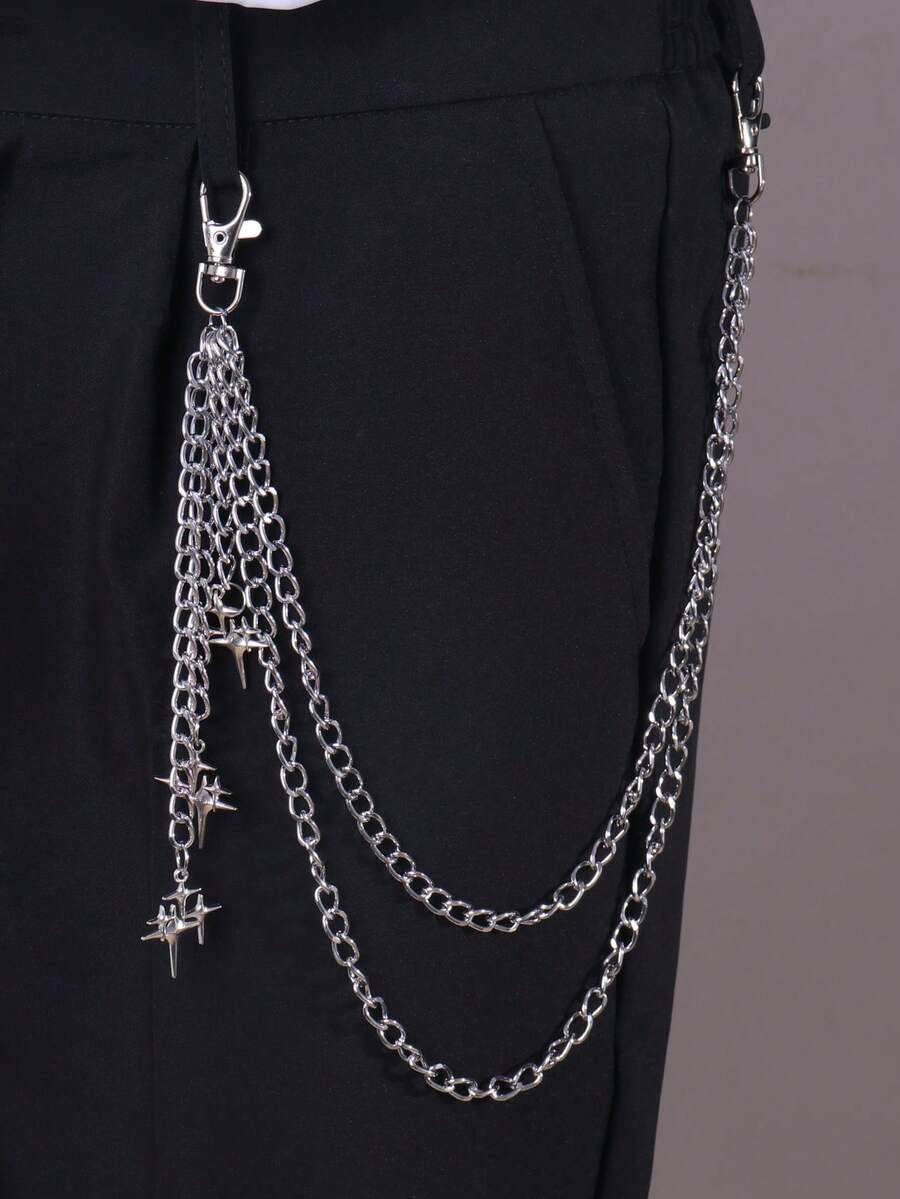 1件朋克复古金属星星吊坠腰链，百搭合金星爆多层流苏裤链，适合日常佩戴 - 銀色 - 查看 1