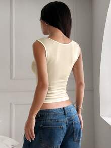 Women's Ribbed Square Neck Button Down Crop Tank Top Asymmetrical Hem Slim Fit Y2K Going Out Top - 杏色 - 查看 4