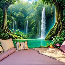 [2D Flat Banner] 1pc Jungle Oasis Backdrop, Polyester Wall Cloth With Waterfall And Tree Canopy, Vibrant Natural Scene Suitable For Zen - 12 - View 3