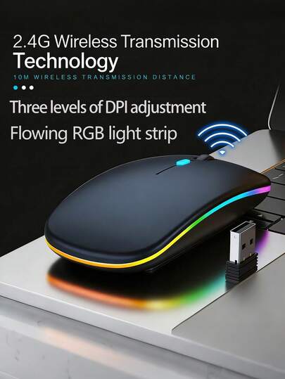 超薄无线鼠标，双模（蓝牙+2.4G），RGB背光，3档DPI可调，静音点击，符合人体工学，笔记本电脑/便携式电脑鼠标 - 黑色