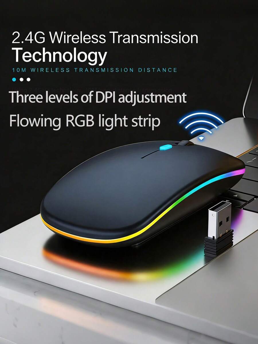 超薄无线鼠标，双模（蓝牙+2.4G），RGB背光，3档DPI可调，静音点击，符合人体工学，笔记本电脑/便携式电脑鼠标 - 黑色 - 查看 1