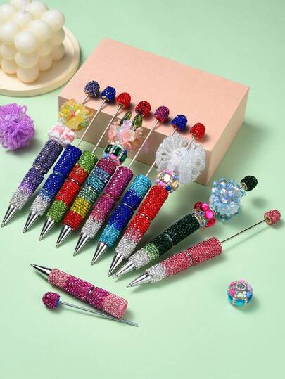 2pcs Sparkling Rhinestone Ballpoint Pens - DIY Beadable, Twistable, Medium Tip With Comfortable Grip - Colorful Gemstone Craft Set For Creative Jewelry Making