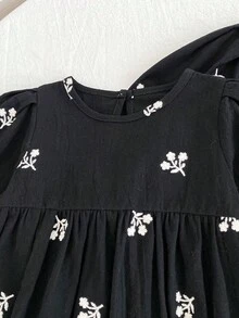 复古风婴儿花卉刺绣连体衣，长袖，春秋季 - 黑色 - 查看 4