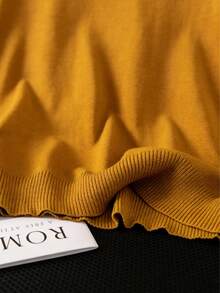 Orange Silky Short Sleeve, High-End Chic Round Neck Pullover Knit Top, Women's Solid Color Rib Collegiate Summer - Orange - View 5