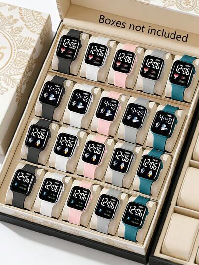 Set de 5 piezas/20 piezas Reloj electrónico LED luminoso con diseño de corazón y astronauta digital para niña, adecuado para diversas ocasiones, deportes y uso casual, uso diario, regalo de San Valentín, disponible en múltiples colores y estilos, correa de silicona suave, caja cuadrada de plástico ligero