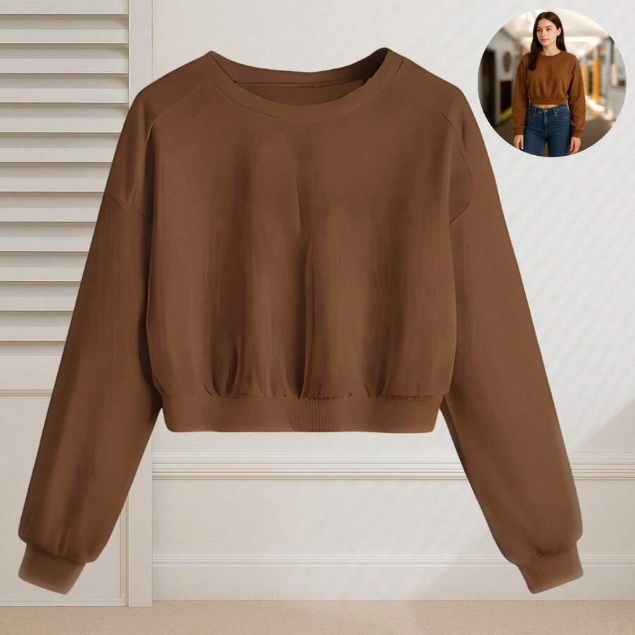 Cropped Sweatshirt Comfortable Plain No Print - 鏽棕色 - 查看 1