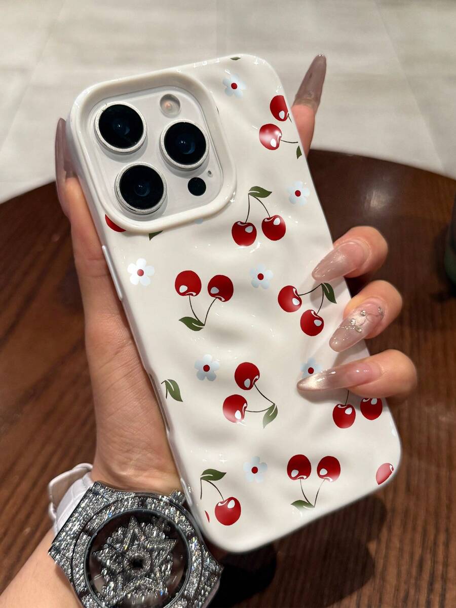 1PC For IPhone 17/16/15/14/13/12/11 Series, Sweet Girlish, Wavy Water Ripple TPU, Phone Case, Korean Ins Style, Red & White Cherry Floral Pattern, 3D Wavy Shape, Full Coverage Shockproof - White - View 1