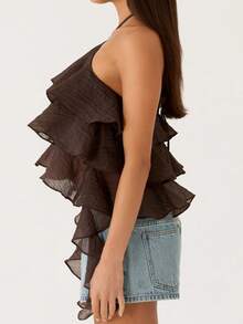 Women Ruffle Halter Tie Neck Crop Top Chiffon Frill Trim Spaghetti Sleeveless Backless Ruffle Layered Hem Cami Top Summer Going Out Tops - Brown - View 4