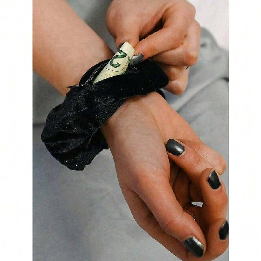 1pc Velvet Hair Ring With Hidden Pocket, Multi-Functional Hair Accessory Pouch, Storage Organizer For Money & Small Items, Zippered Elastic Headband With Secret Compartment For Keys - Multicolor - View 1