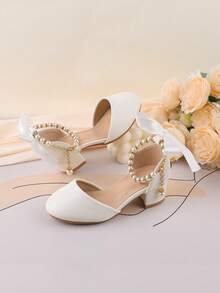 Flower Girl Shoes For Wedding, Party, Holiday, Suitable For Toddler, Little And Big Girls, Classic Comfortable Versatile White Pearl Bow Tie Flat Dress Shoes, Formal Occasion, Performance, Ballet, Princess Pumps - White - View 2