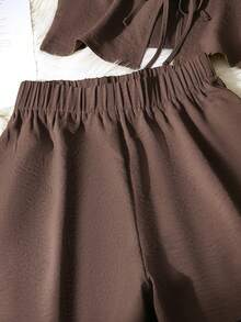 Plus Size Solid Color Casual Knotted 2 Pieces Set For Women, Spring/Summer Vacation Elegant Brown - Brown - View 6
