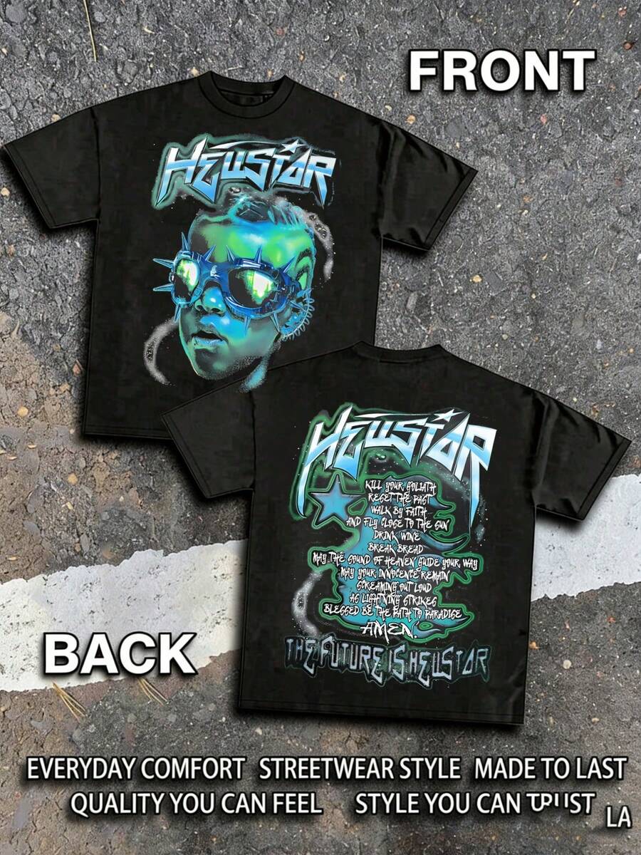 Hellstars The Future Is Hellstars World Tour Y2K T-Shirt Double Sided Printed (220g 100% Cotton T-Shirt), Summer Clothes, Men's Tops, Casual And Comfortable, Fashionable Graphic Tee, Unisex Style - 黑色 - 查看 1