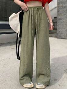 女士休闲亚麻质感阔腿裤，百搭夏季款式 - 綠色 - 查看 1