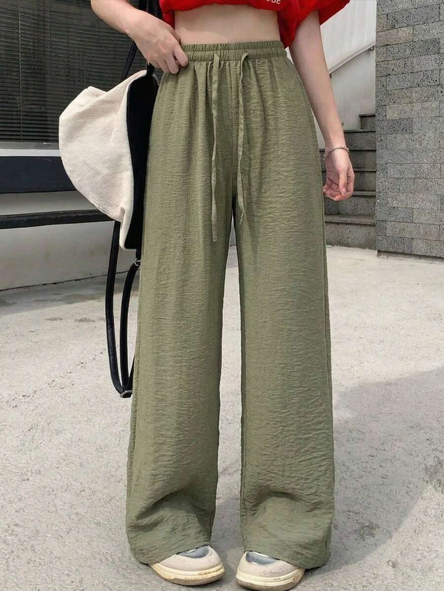 女士休闲亚麻质感阔腿裤，百搭夏季款式 - 綠色 - 查看 1