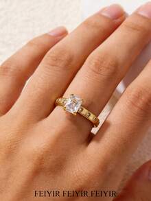 Classic Square White Cubic Zirconia Women's Wedding Ring, Suitable For Mothers, Size 7 And 8, 18K Gold Plated, Anti-Fading, Vacation Jewelry, Party Accessories, Mother's Day And Anniversary Gift - Various - View 1