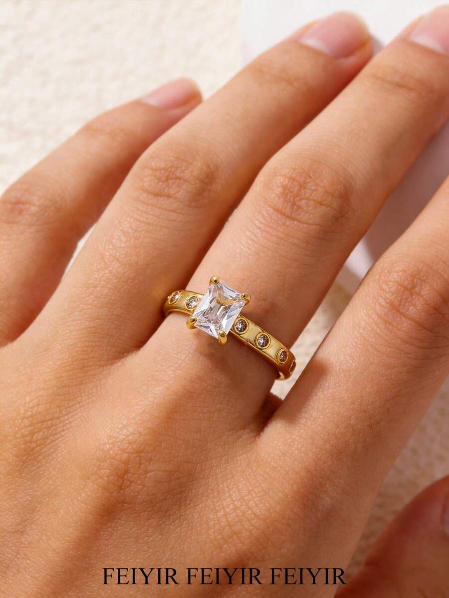 Classic Square White Cubic Zirconia Women's Wedding Ring, Suitable For Mothers, Size 7 And 8, 18K Gold Plated, Anti-Fading, Vacation Jewelry, Party Accessories, Mother's Day And Anniversary Gift - Various - View 1
